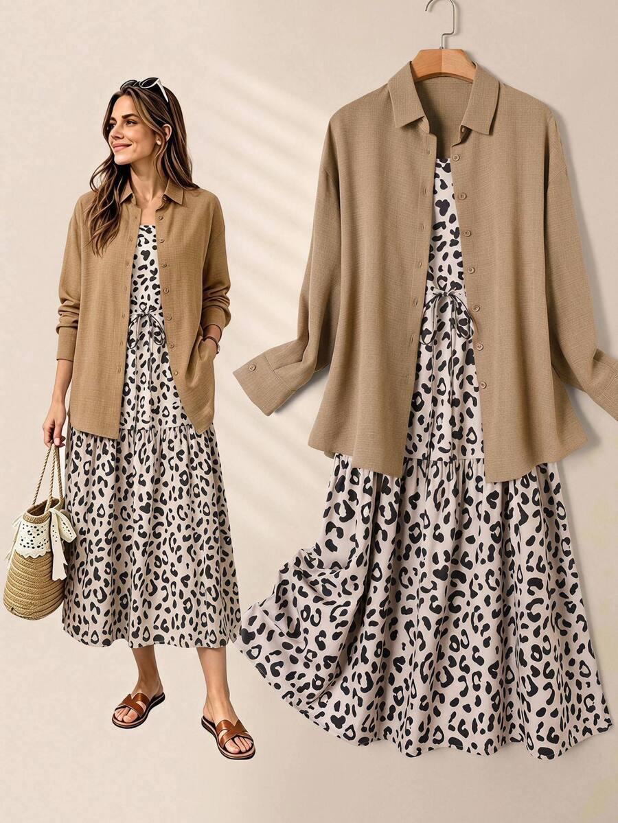 Rusticease 女款純色長袖單排扣襯衫搭配卡其白動物印花細肩帶洋裝休閒法式套裝,度假秋季穿搭 - 棕色 - 查看 1