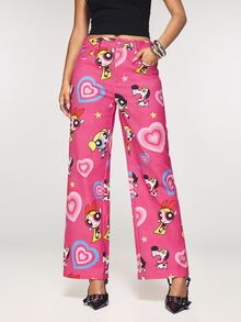 THE POWERPUFF GIRLS X SHEIN 女款愛心圖案寬腿寬鬆牛仔褲 - 粉色 - 查看 1