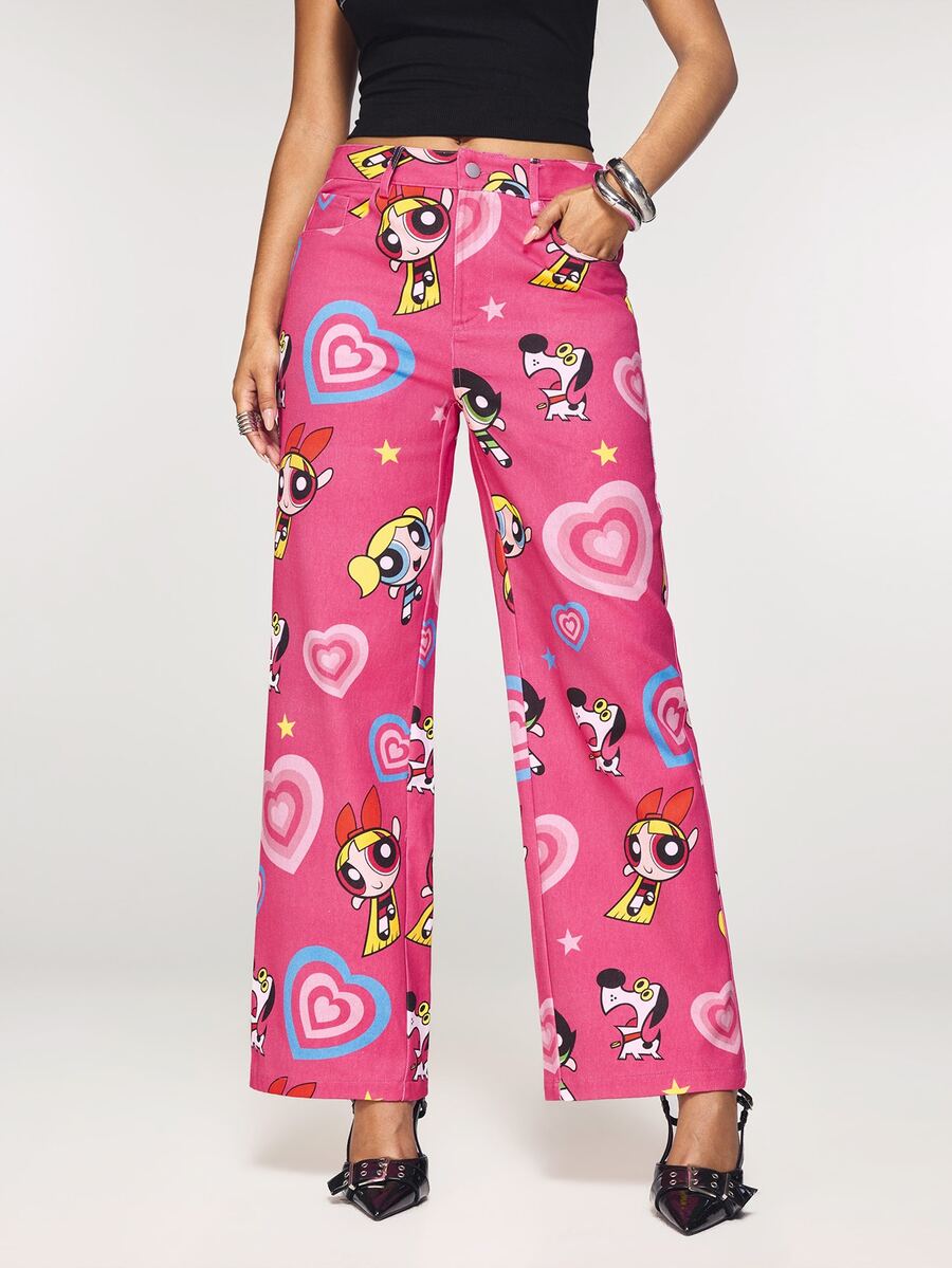THE POWERPUFF GIRLS X SHEIN 女款愛心圖案寬腿寬鬆牛仔褲 - 粉色 - 查看 1
