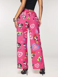 THE POWERPUFF GIRLS X SHEIN 女款愛心圖案寬腿寬鬆牛仔褲 - 粉色 - 查看 2