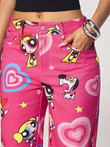 THE POWERPUFF GIRLS X SHEIN 女款愛心圖案寬腿寬鬆牛仔褲 - 粉色 - 查看 5