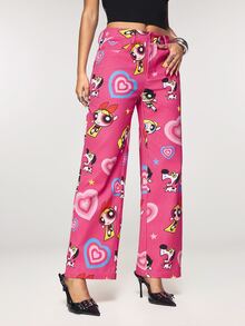 THE POWERPUFF GIRLS X SHEIN 女款愛心圖案寬腿寬鬆牛仔褲 - 粉色 - 查看 4
