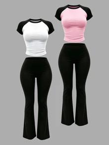 INAWLY Solva Contrast Color Raglan Sleeve T-Shirt And Pants 2 Pieces Set - Multicolor - View 1
