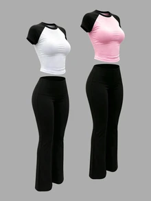 INAWLY Solva Contrast Color Raglan Sleeve T-Shirt And Pants 2 Pieces Set - Multicolor - View 5