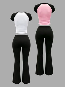 INAWLY Solva Contrast Color Raglan Sleeve T-Shirt And Pants 2 Pieces Set - Multicolor - View 4