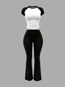INAWLY Solva Contrast Color Raglan Sleeve T-Shirt And Pants 2 Pieces Set - Multicolor - View 2