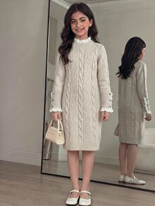 Girls' Contrast Lace Collar Cable Knit Sweater Dress - Grey - View 3