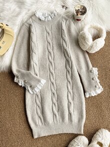 Girls' Contrast Lace Collar Cable Knit Sweater Dress - Grey - View 4