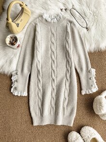 Girls' Contrast Lace Collar Cable Knit Sweater Dress - Grey - View 1