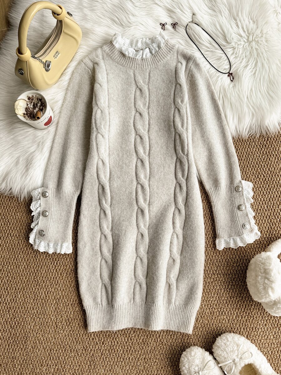 Girls' Contrast Lace Collar Cable Knit Sweater Dress - Grey - View 1