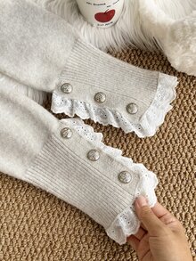 Girls' Contrast Lace Collar Cable Knit Sweater Dress - Grey - View 7
