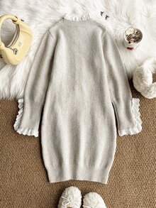 Girls' Contrast Lace Collar Cable Knit Sweater Dress - Grey - View 2