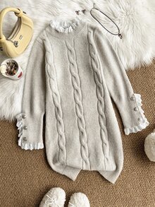 Girls' Contrast Lace Collar Cable Knit Sweater Dress - Grey - View 5
