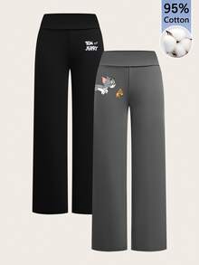 TOM & JERRY X SHEIN SHEIN EZwear 2pcs Women's Cartoon Print Long Pants, Suitable For Outings - Multicolor - View 1