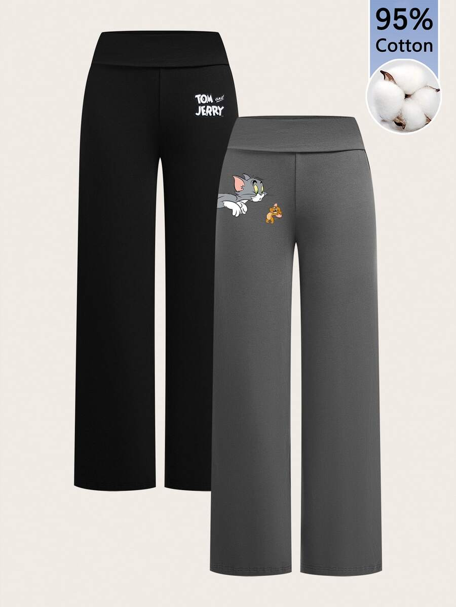 TOM & JERRY X SHEIN SHEIN EZwear 2pcs Women's Cartoon Print Long Pants, Suitable For Outings - Multicolor - View 1