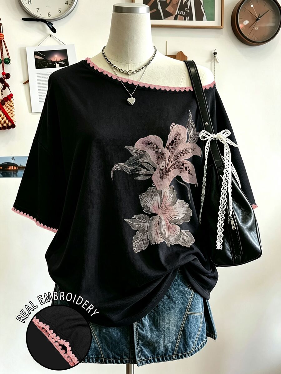 Lalippa 女款休閒街頭極簡舒適彩色花卉刺繡不對稱領上衣,舒適休閒不對稱領刺繡上衣 - 黑色 - 查看 1