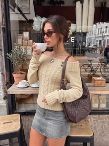 Elamini Women's Khaki Fashion Versatile Classic Cable Knit Daily Commute Vintage Style Autumn/Winter Pullover Sweater - Khaki - View 3