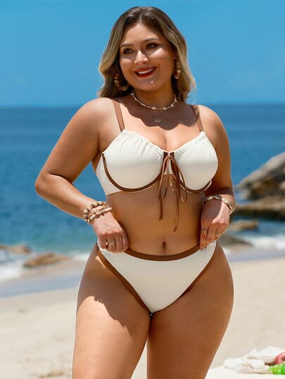 Swim Lushoire Set Bikini Berkawat dengan Tekstur dan Warna Kontras untuk Liburan Pantai Musim Panas Wanita Ukuran Plus