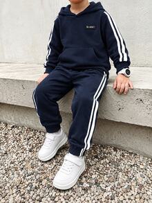SHEIN Kids Young Boy 2pcs Casual Letter Print Fleece Hooded Sweatshirt And Autumn Pants Set,Back-To-School - Blue - View 1