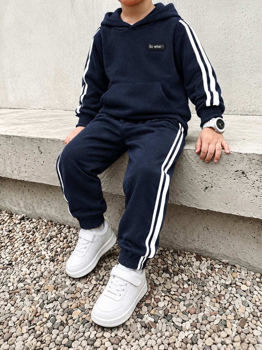 SHEIN Kids Young Boy 2pcs Casual Letter Print Fleece Hooded Sweatshirt And Autumn Pants Set,Back-To-School - Blue - View 1