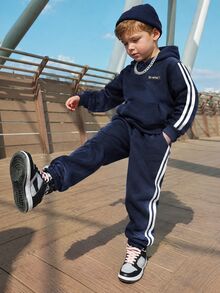 SHEIN Kids Young Boy 2pcs Casual Letter Print Fleece Hooded Sweatshirt And Autumn Pants Set,Back-To-School - Blue - View 2