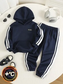 SHEIN Kids Young Boy 2pcs Casual Letter Print Fleece Hooded Sweatshirt And Autumn Pants Set,Back-To-School - Blue - View 3