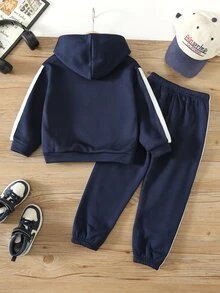 SHEIN Kids Young Boy 2pcs Casual Letter Print Fleece Hooded Sweatshirt And Autumn Pants Set,Back-To-School - Blue - View 6
