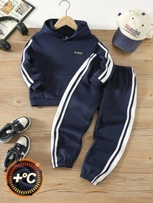 SHEIN Kids Young Boy 2pcs Casual Letter Print Fleece Hooded Sweatshirt And Autumn Pants Set,Back-To-School - Blue - View 4