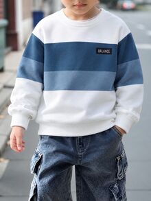 SHEIN Setelan Kaos dan Celana Panjang Lengan Pendek Leher Bulat Minimalis Nyaman Kasual untuk Anak Laki-Laki, Motif Kotak-Kotak Klasik Keren, Motif Logo Kecil yang Indah, Cocok untuk Musim Gugur/Dingin Kembali ke Sekolah - Blue and White - View 3