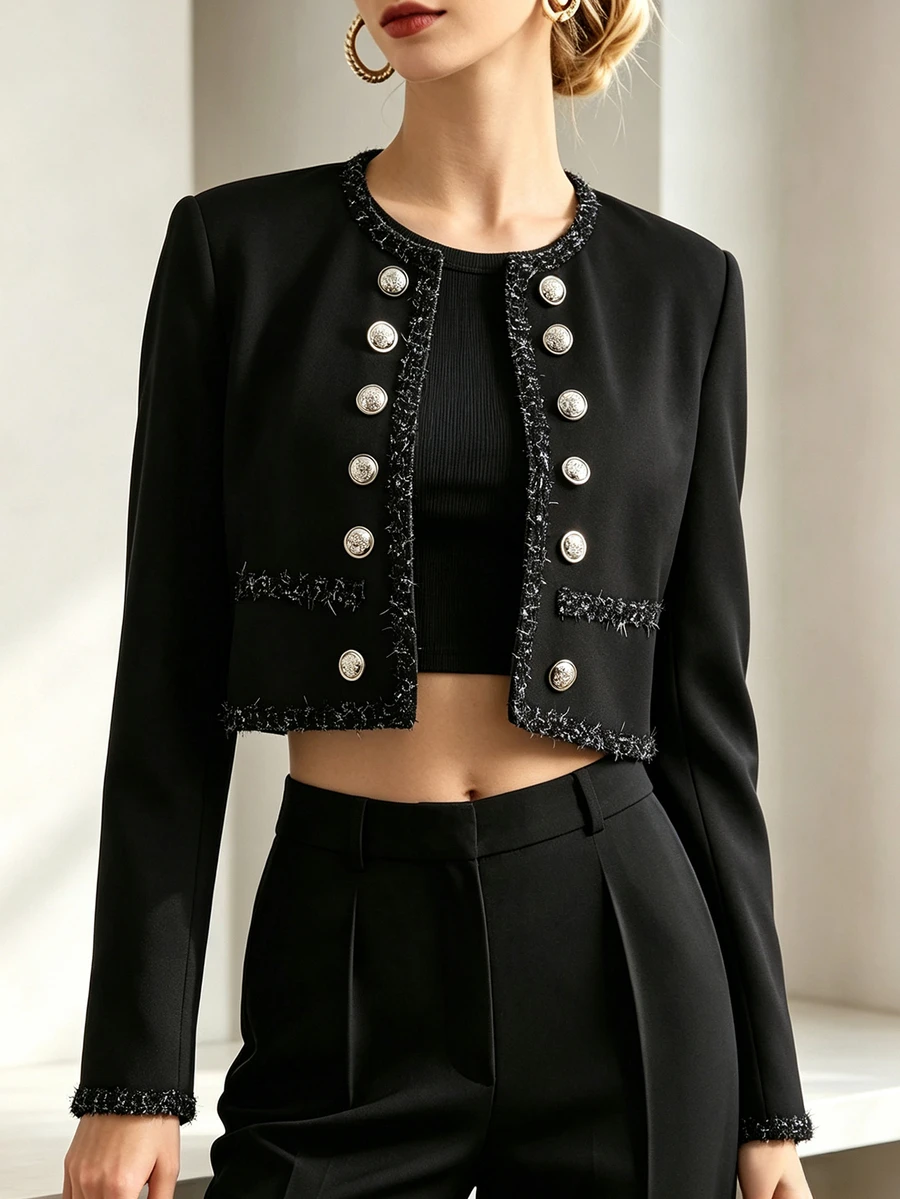 Balvessa Women's Patchwork Webbing Versatile Vintage Gold Buckle Jacket - Black - View 1