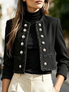 Balvessa Women's Patchwork Webbing Versatile Vintage Gold Buckle Jacket - Black - View 3