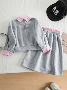 2pcs/Set Girls Fashion Minimalist English Letter Fleece Drop Shoulder Loose Sweatshirt Matching Skirt Set,Fall Style - Light Grey - View 2