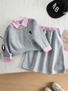 2pcs/Set Girls Fashion Minimalist English Letter Fleece Drop Shoulder Loose Sweatshirt Matching Skirt Set,Fall Style - Light Grey - View 1