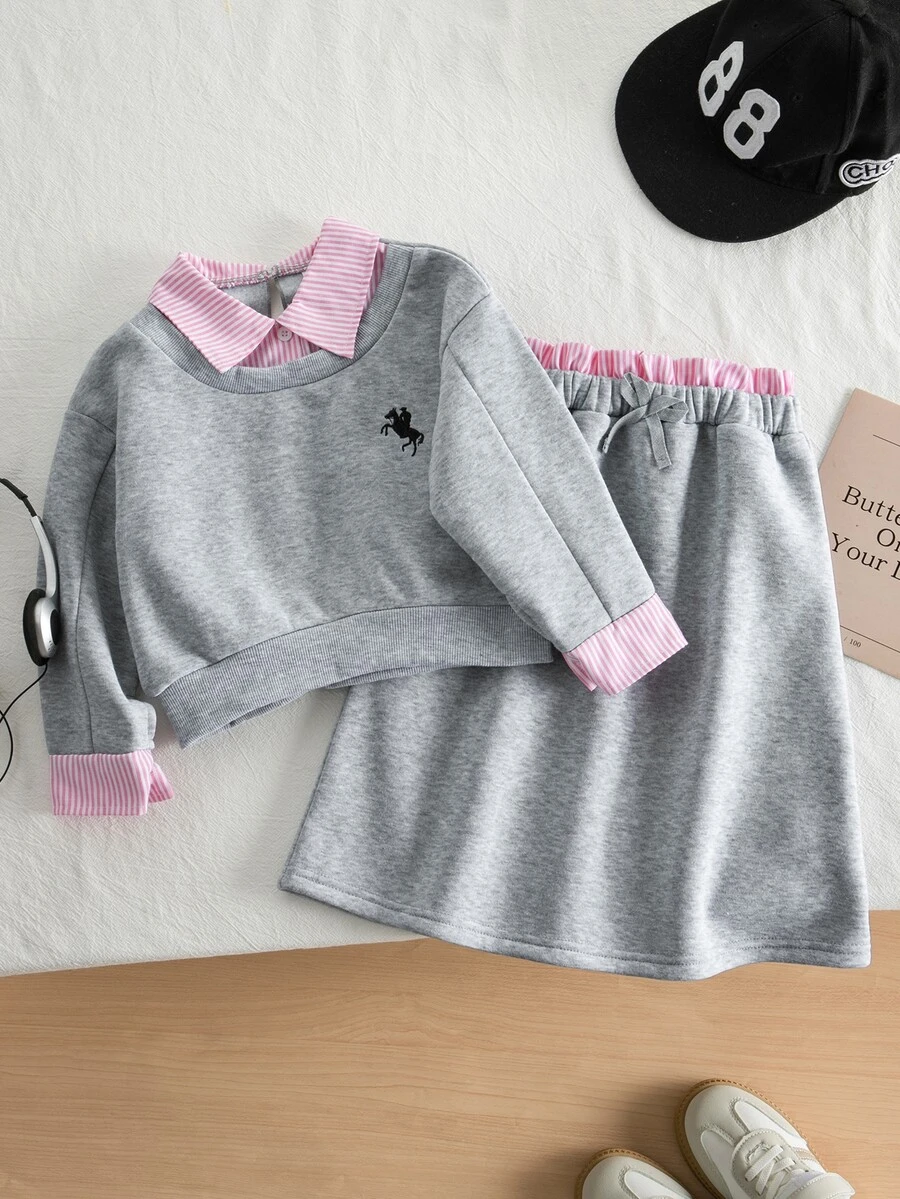 2pcs/Set Girls Fashion Minimalist English Letter Fleece Drop Shoulder Loose Sweatshirt Matching Skirt Set,Fall Style - Light Grey - View 1