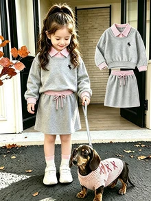 2pcs/Set Girls Fashion Minimalist English Letter Fleece Drop Shoulder Loose Sweatshirt Matching Skirt Set,Fall Style - Light Grey - View 5