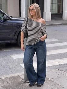 SHEIN ICON Plus Size Vintage Y2K Knit Ribbed Ribbed Casual Asymmetric Neck T-Shirt - Black and White - View 1