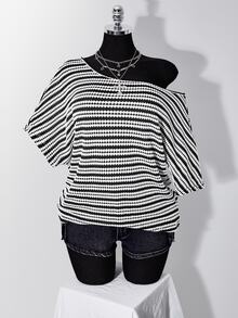 SHEIN ICON Plus Size Vintage Y2K Knit Ribbed Ribbed Casual Asymmetric Neck T-Shirt - Black and White - View 3
