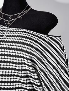 SHEIN ICON Plus Size Vintage Y2K Knit Ribbed Ribbed Casual Asymmetric Neck T-Shirt - Black and White - View 6