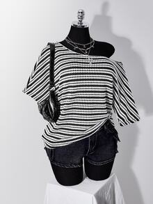 SHEIN ICON Plus Size Vintage Y2K Knit Ribbed Ribbed Casual Asymmetric Neck T-Shirt - Black and White - View 9