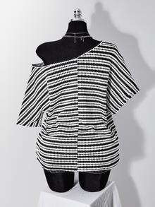 SHEIN ICON Plus Size Vintage Y2K Knit Ribbed Ribbed Casual Asymmetric Neck T-Shirt - Black and White - View 11