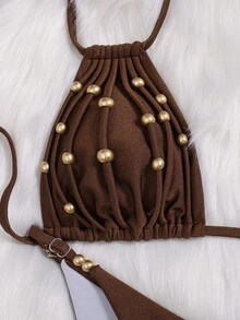 Oceva Conjunto de bikini de 2 piezas para vacaciones con Top halter sin espalda con diseño de cuentas y Bottom triangular ajustable de cintura baja - Marrón - Ver 5