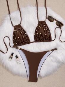 Oceva Conjunto de bikini de 2 piezas para vacaciones con Top halter sin espalda con diseño de cuentas y Bottom triangular ajustable de cintura baja - Marrón - Ver 4
