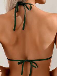 Oceva Traje de baño de una pieza con cuello halter y espalda con lazo, unicolor, adecuado para vacaciones en la playa, fiestas en la piscina y fiestas en la playa - Verde Oscuro - Ver 5