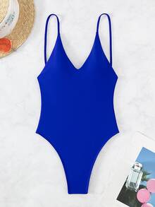 Oceva Women's Summer Vacation Solid Color Deep V-Neck Spaghetti Strap Backless One-Piece Swimsuit - Royal Blue - View 6
