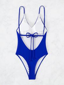 Oceva Women's Summer Vacation Solid Color Deep V-Neck Spaghetti Strap Backless One-Piece Swimsuit - Royal Blue - View 2