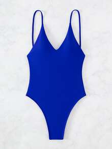 Oceva Women's Summer Vacation Solid Color Deep V-Neck Spaghetti Strap Backless One-Piece Swimsuit - Royal Blue - View 3
