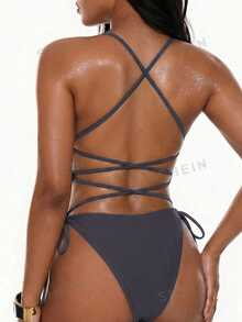 Oceva Women's Stud Decor Halter One-Piece Swimsuit, Suitable For Beach Vacation, Pool Party, Dark Grey Summer Sexy - Dark Grey - View 2