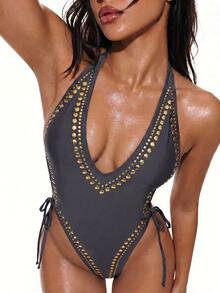 Oceva Women's Stud Decor Halter One-Piece Swimsuit, Suitable For Beach Vacation, Pool Party, Dark Grey Summer Sexy - Dark Grey - View 5