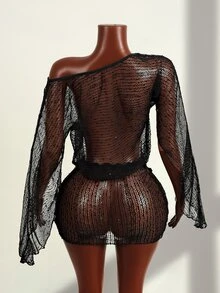 Oceva Women's Off-Shoulder Sequin Ruched Slit Sleeve Jumpsuit, Slimming Black Party Wear - Black - View 8