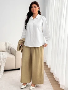 Enliva Plus Size 3 PiecesPants Set, Long Sleeve Shirt Vest And Wide Leg Trousers Fall - Apricot - View 4